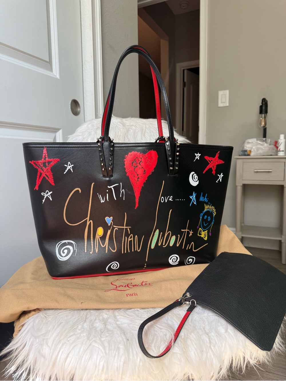 Christian Louboutin Black Graffiti-Print Leather Tote and Accessory Pouch!